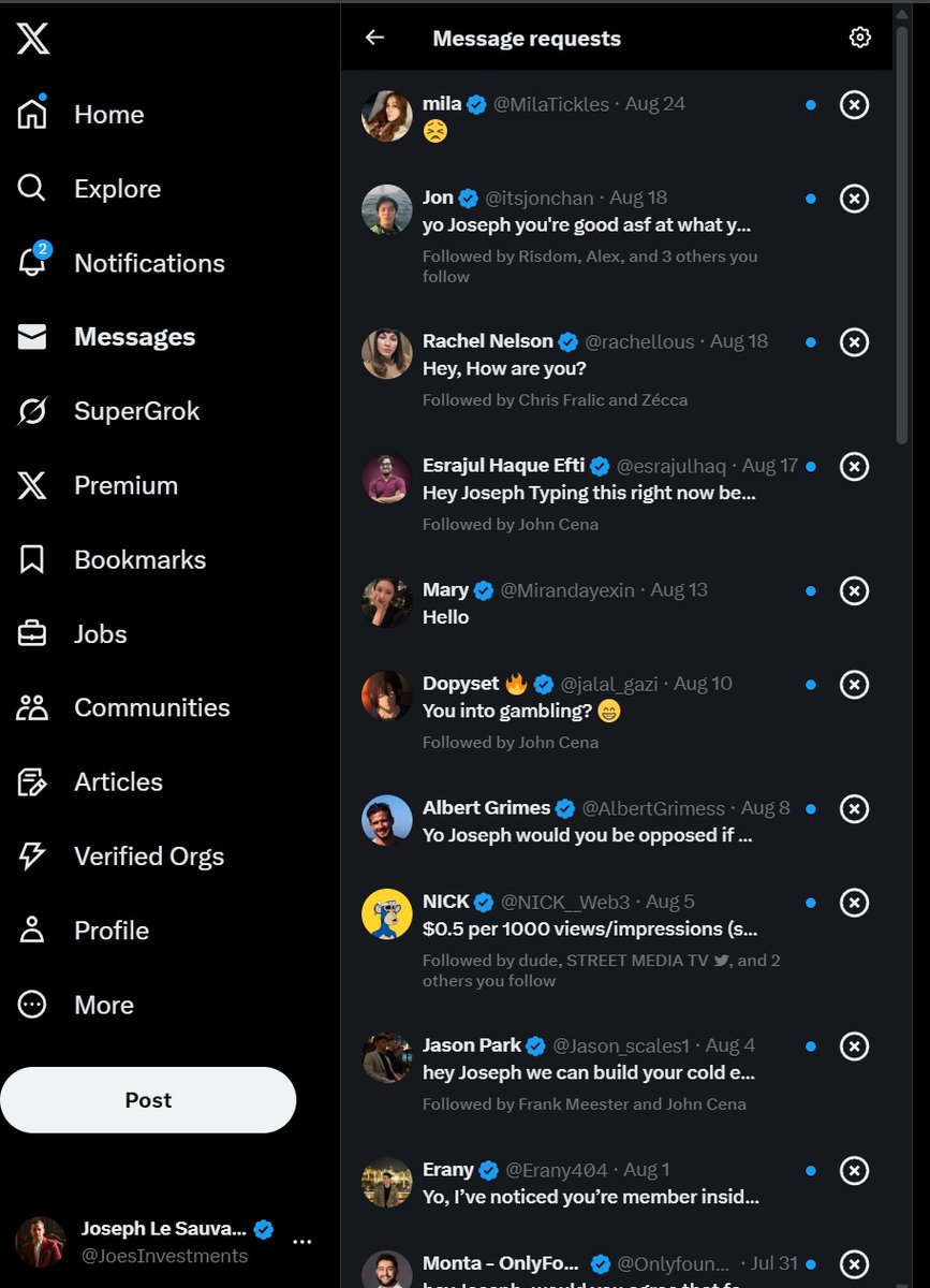 Screenshot of X message requests filled with spam