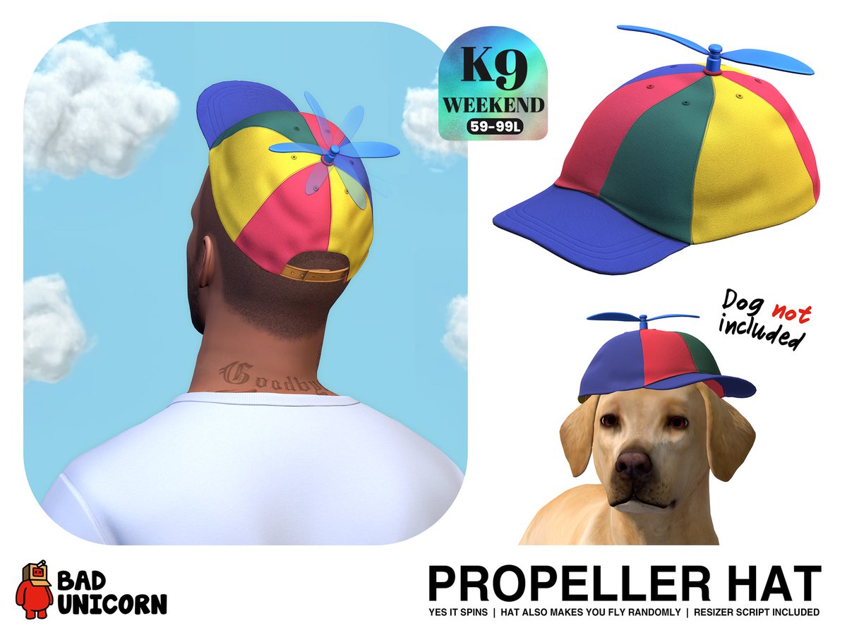 Ready to take off into fun? 🚀 Our propeller hats are on sale for K9 Weekend! Perfect for adding a playful twist to any outfit. 🎉

📍: maps.secondlife.com/secondlife/Bad…