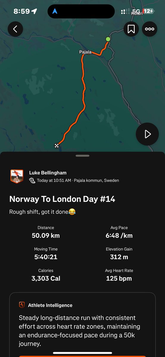 Norway to London Day #14
50.09km

Bit rough today wasn’t it?
All was going well until 10km when my hamstring started to speak up and wanted all the attention. Arron sorted me out but had to call lunch early at 25km as I think I had a bit of a head wobble. Go again tomorrow🫡