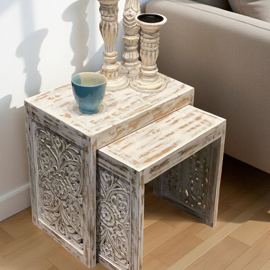 hartsmede's tweet image. Enhance your living space with our beautifully crafted Hand Carved Nested End Tables. With intricate designs and solid mango wood construction, they are perfect for adding a touch of elegance.  #HomeImprovement #InteriorDecor #NestingTables