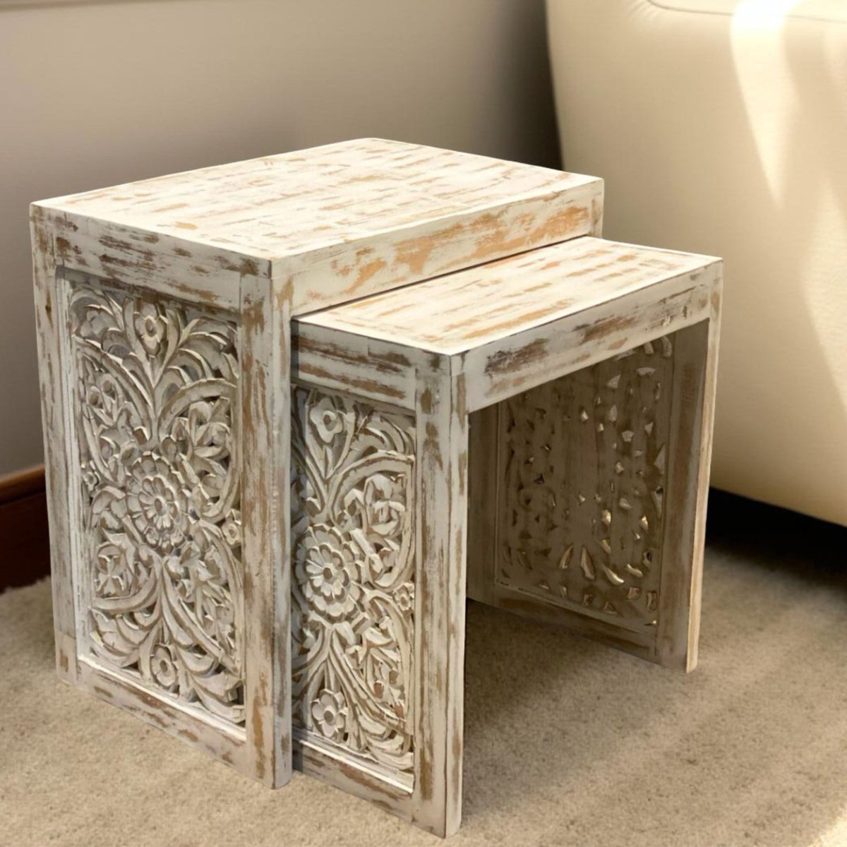 hartsmede's tweet image. Enhance your living space with our beautifully crafted Hand Carved Nested End Tables. With intricate designs and solid mango wood construction, they are perfect for adding a touch of elegance.  #HomeImprovement #InteriorDecor #NestingTables