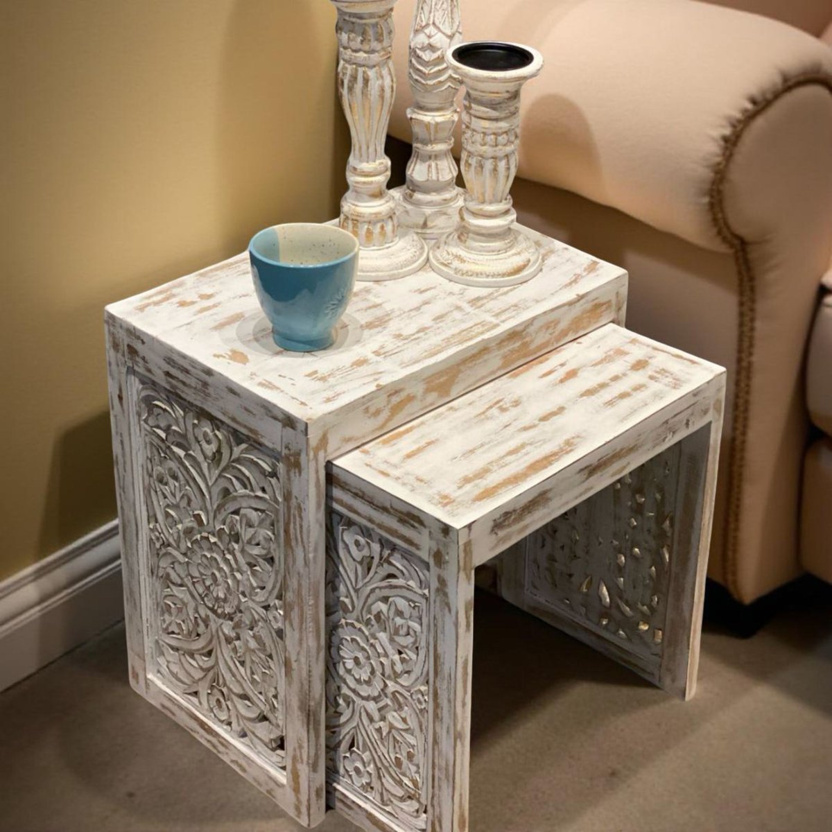 hartsmede's tweet image. Enhance your living space with our beautifully crafted Hand Carved Nested End Tables. With intricate designs and solid mango wood construction, they are perfect for adding a touch of elegance.  #HomeImprovement #InteriorDecor #NestingTables