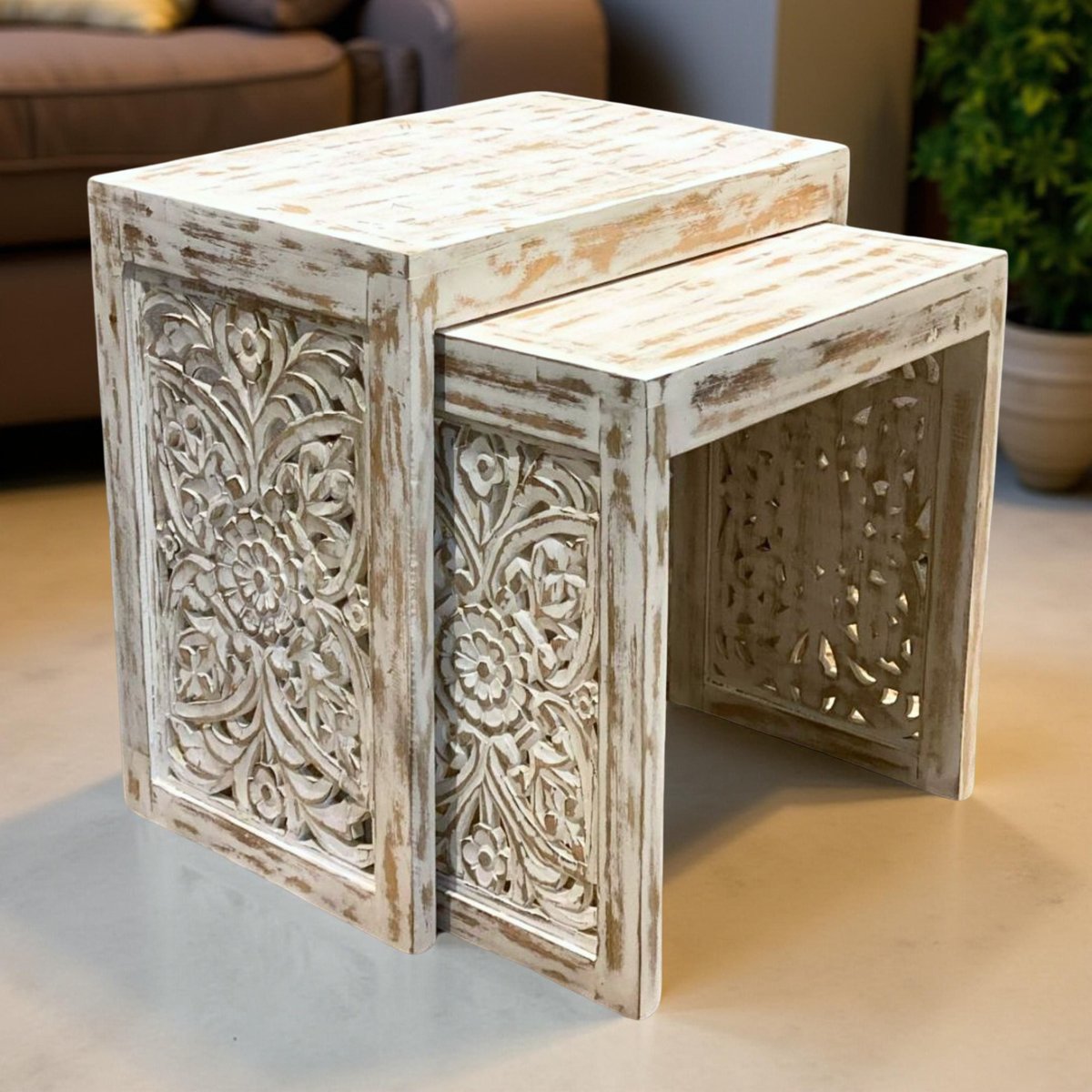 hartsmede's tweet image. Enhance your living space with our beautifully crafted Hand Carved Nested End Tables. With intricate designs and solid mango wood construction, they are perfect for adding a touch of elegance.  #HomeImprovement #InteriorDecor #NestingTables