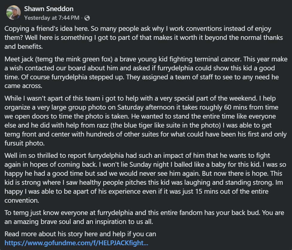 Since this is blowing up I wanna promote this (had to repost to remove text messages):

TLDR: Temg, the green fox, is fighting childhood terminal cancer. MakeAWish and Furrydelphia stepped up to give him his first con experience, giving him hope. Let’s step up for him!