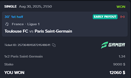 Bet won in roughly 10 minutes 🤯🤯🤯🤯
Stop sleeping on the Early Payout feature on <a href="/gamba/">GAMBA</a>