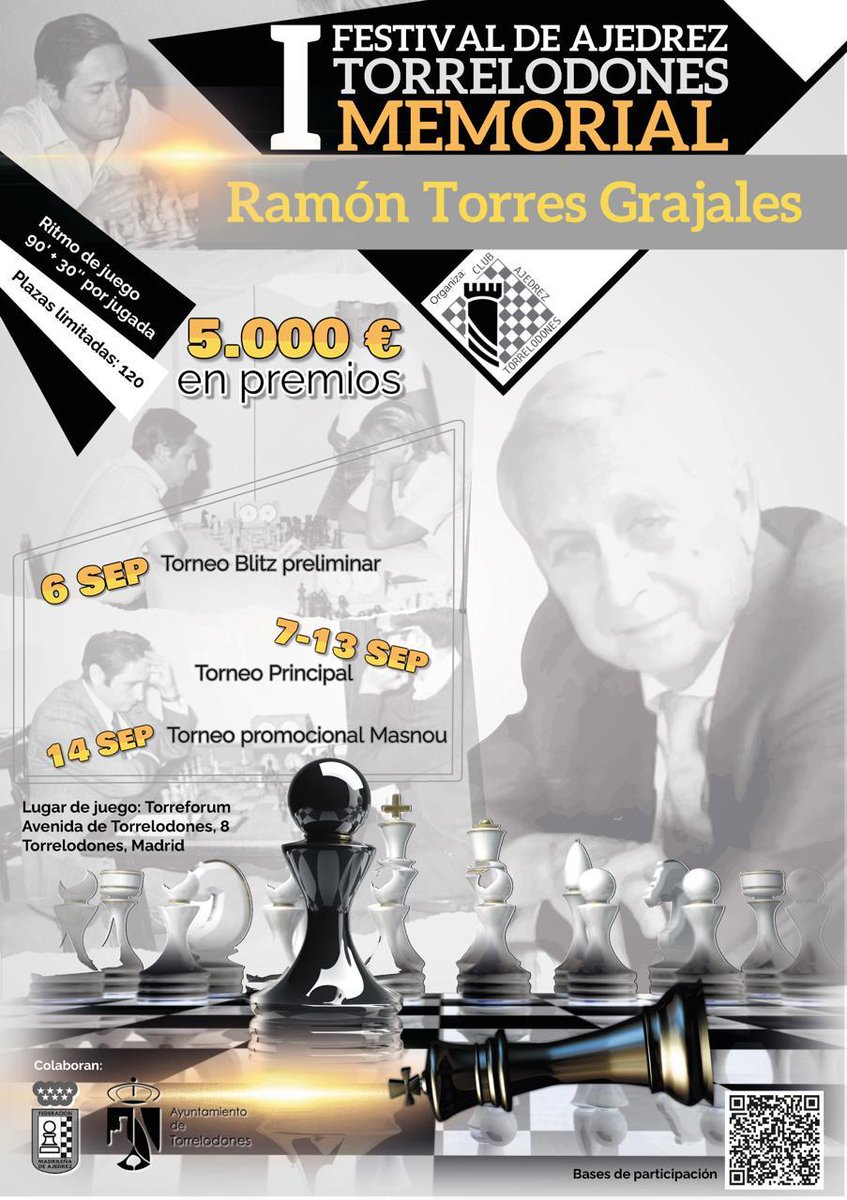 ¡Estamos ya a una semana de que comience el primer Festival de Ajedrez de Torrelodones!
- Sábado 6 de septiembre: Blitz inaugural,  5'+3" 
- 7 al 13 de septiembre: Open de 7 rondas, 90'+30"
Información e inscripciones en: ajedreztorrelodones.es/?p=2028
¡¡Animaos!!