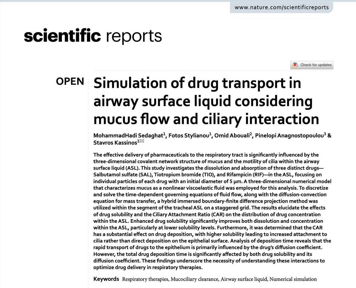 Our latest work on 🫁 drug delivery is now published as open access in Nature Scientific Reports: A 3D computational model of the airway surface liquid (ASL) that resolves cilia motion and viscoelastic mucus to track dissolution and transport of small‑molecule drugs. The work