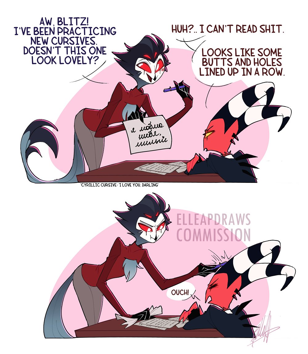 Surprise #Stolitz commission for @lucimax3 with the theme "reading cursive cyrillic"! this was challenging! thanks! 😂