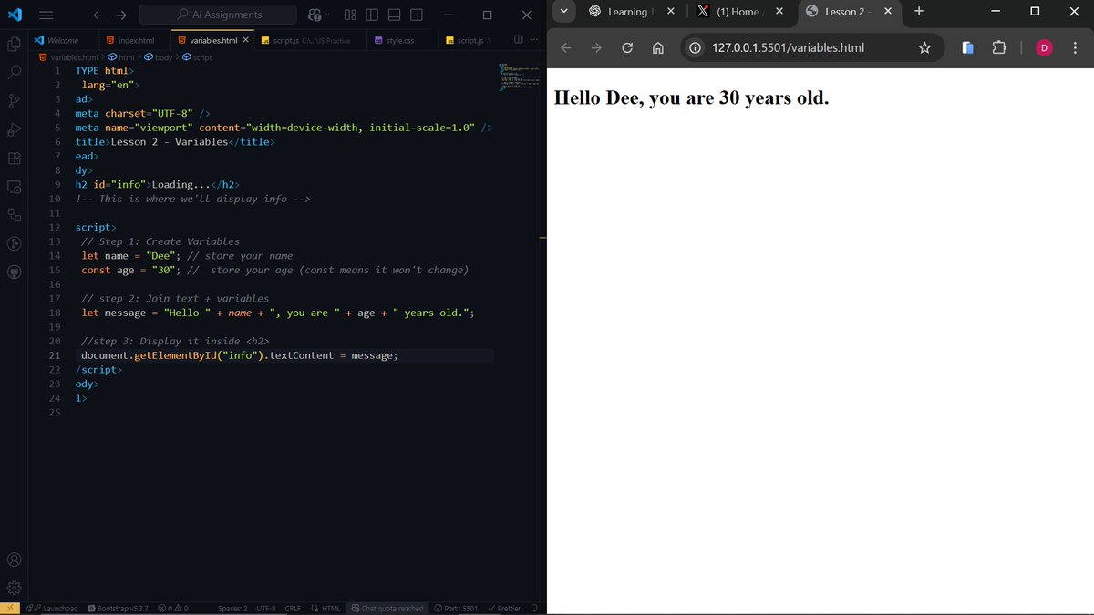 Destiny_Okagbuo's tweet image. Variables in Use.
#Day117
#WebDevelopment
#MitaSchool