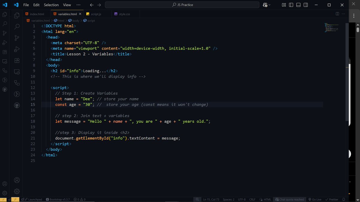 Destiny_Okagbuo's tweet image. Variables in Use.
#Day117
#WebDevelopment
#MitaSchool