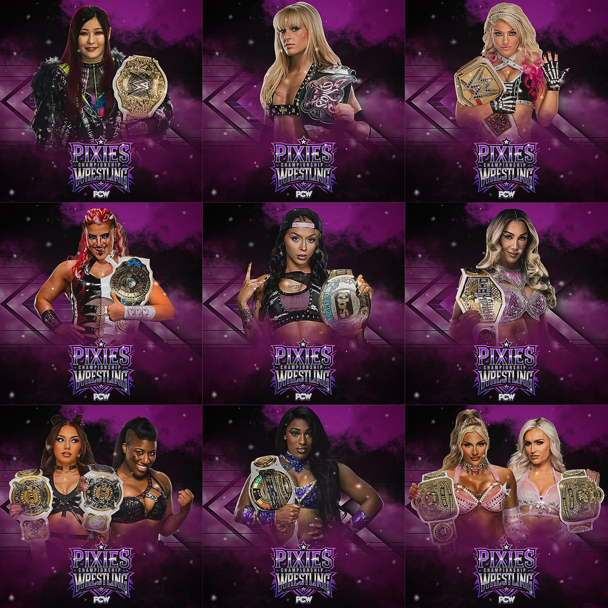PixiesCW's tweet photo. PCW Current Champions 🎖️

Raw 🔴
IYO Sky- PCW World Champion
(@p1jxrdan)

Zaria- PCW Intercontinental Champion
(@TJ_STYLESS)

Blue Eclipse (Skye Blue & Athena)- PCW World Tag Team Champions
(@skyes_gracee & @LIV4ZAC)
______________________

Smackdown🔵
Alexa Bliss- PCW Undisputed Champion
(@LongLivNaomi)

Charlotte Flair- PCW United States Champion
(@logsfolk)

The Pixie’s Prestige (Tiffany Stratton & Mariah May)- PCW Undisputed Tag Team Champions 
(@TwiistdWidcwx & @wwef4nn)
______________________

Shared 🔗
Michelle McCool- PCW Divas Champion
(@matt1ore)

Cora Jade- PCW TBS Champion
(@deepcate)

Lash Legend- PCW Speed Champion
(@BigBootaNao 

🧚‍♀️