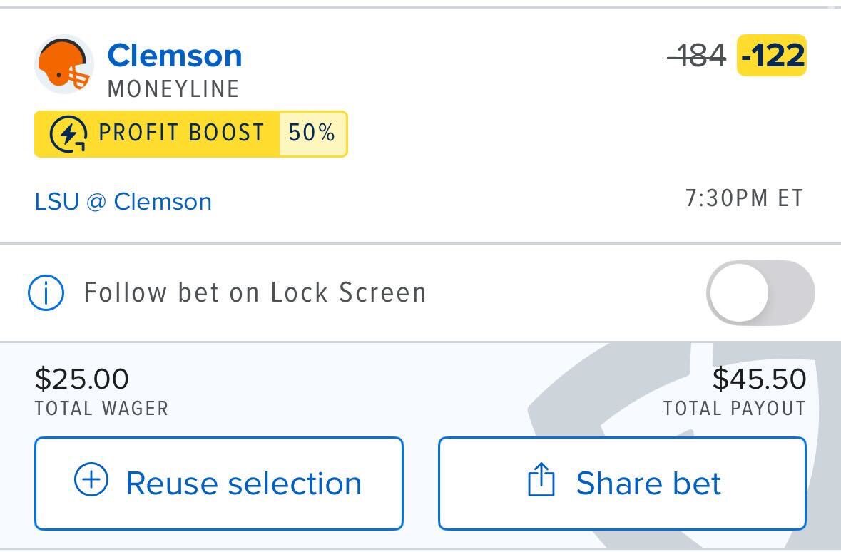 CodyBrownBets's tweet photo. Since there is a 50% boost on this game…

🟠 Clemson ML.

Who’s tailing? https://t.co/ILd6GJR4jF