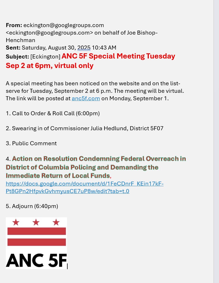 ScottRobertsDC's tweet image. see this @ANC5F (#EckingtonDC &amp;amp; #EdgewoodDC) special meeting announcement for Tues, 09-02-2025

 &quot;Action on Resolution Condemning Federal Overreach in DC Policing and Demanding the Immediate Return of Local Funds&quot; docs.google.com/document/d/1Fe…

@joe5f6
@CMZParker5