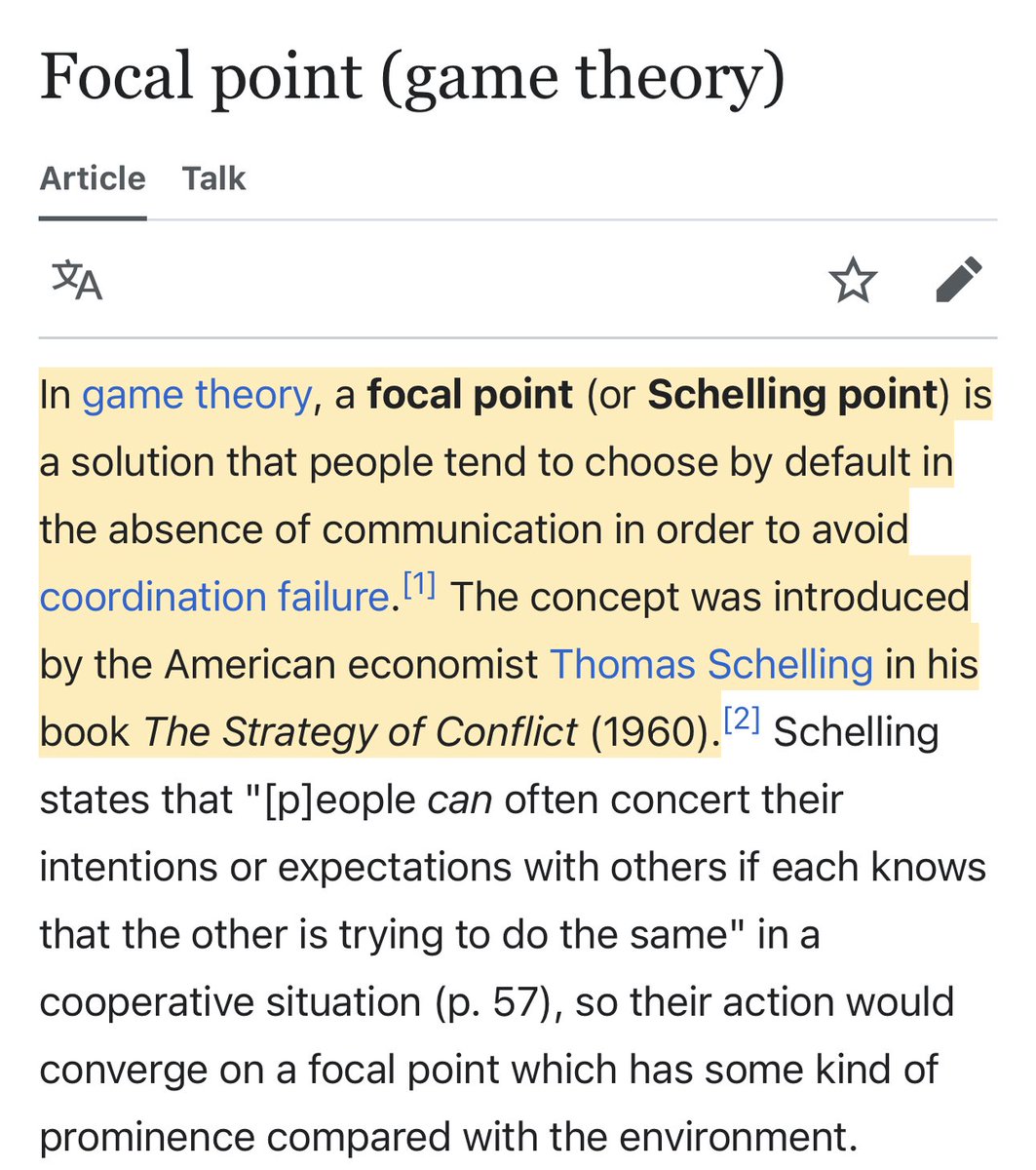 维基百科页面截图，解释博弈论中的焦点/谢林点（Schelling point）定义