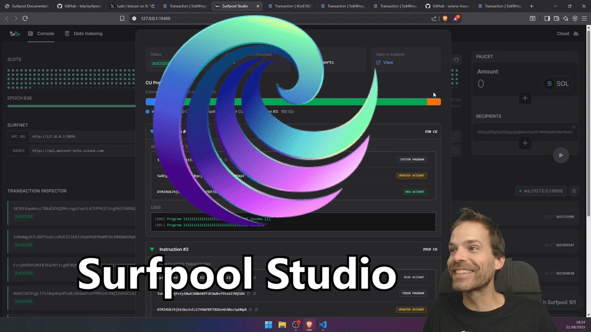 거래 인스펙터와 Solana 개발 도구를 보여주는 Surfpool Studio 인터페이스 스크린샷