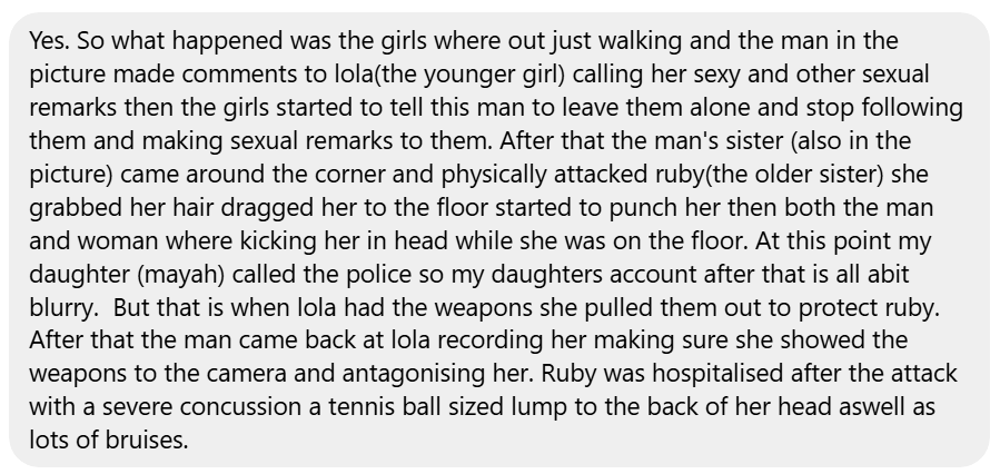 AriFirstDay's tweet photo. @Melb0urne__82 @1776General_ That's 12 year old Lola Moir who was arrested. Her 14 yr old sister, Ruby, whose voice you hear yelling, was attacked by the man's female accomplice who wasn't arrested for her attack on Ruby. https://t.co/J9eSUho5C8