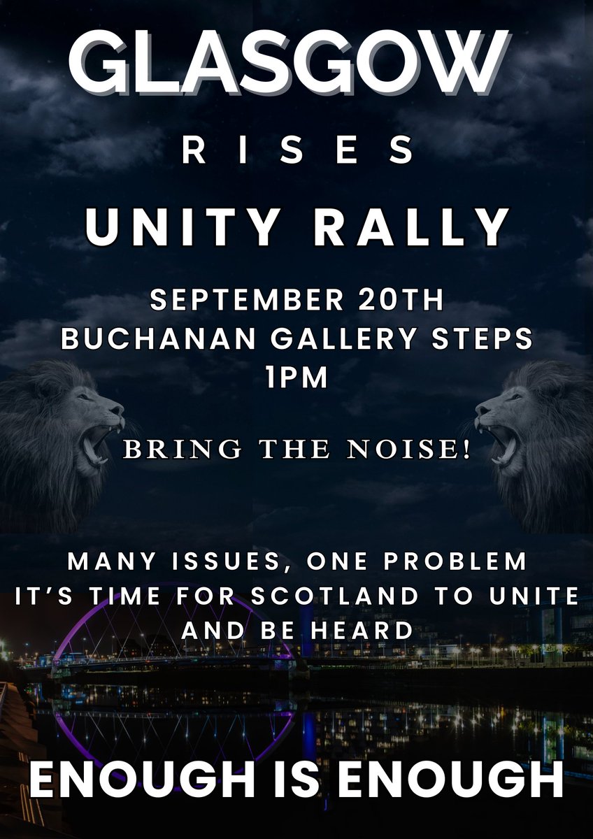 BringTheNoise_X's tweet photo. 🚨 20th Sept | 1PM | Glasgow 🚨

📍 Buchanan Gallery Steps

It’s time for UNITY.

Many issues, one problem https://t.co/Laujm6KLdv