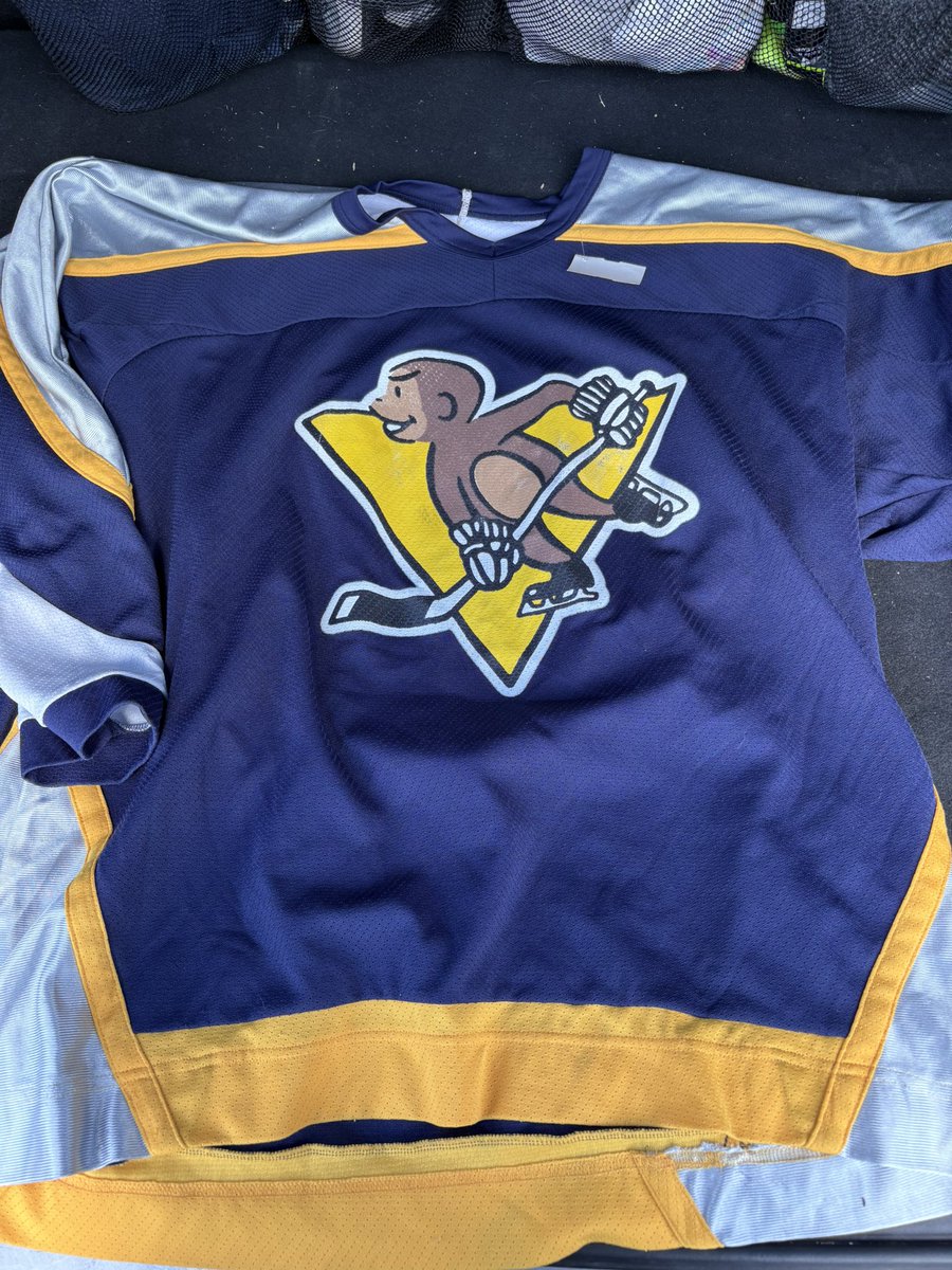 chancep19's tweet photo. This might be my best thrift store find. Curious George hockey jersey https://t.co/xRXvoBb5Pe