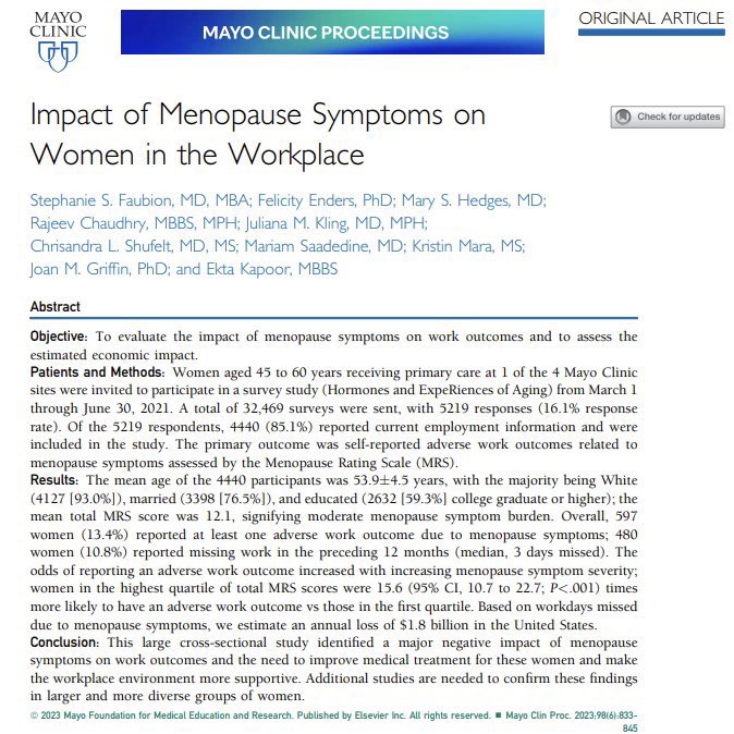 The groundbreaking work of Dr. Faubion, Dr. Shufelt, Dr. Hedges and others, on #menopause in the workplace has been recognized as an Editor’s Choice Article for the 100 years of Mayo Clinic Proceedings, topping the prestigious collection list! Their dedication to advancing