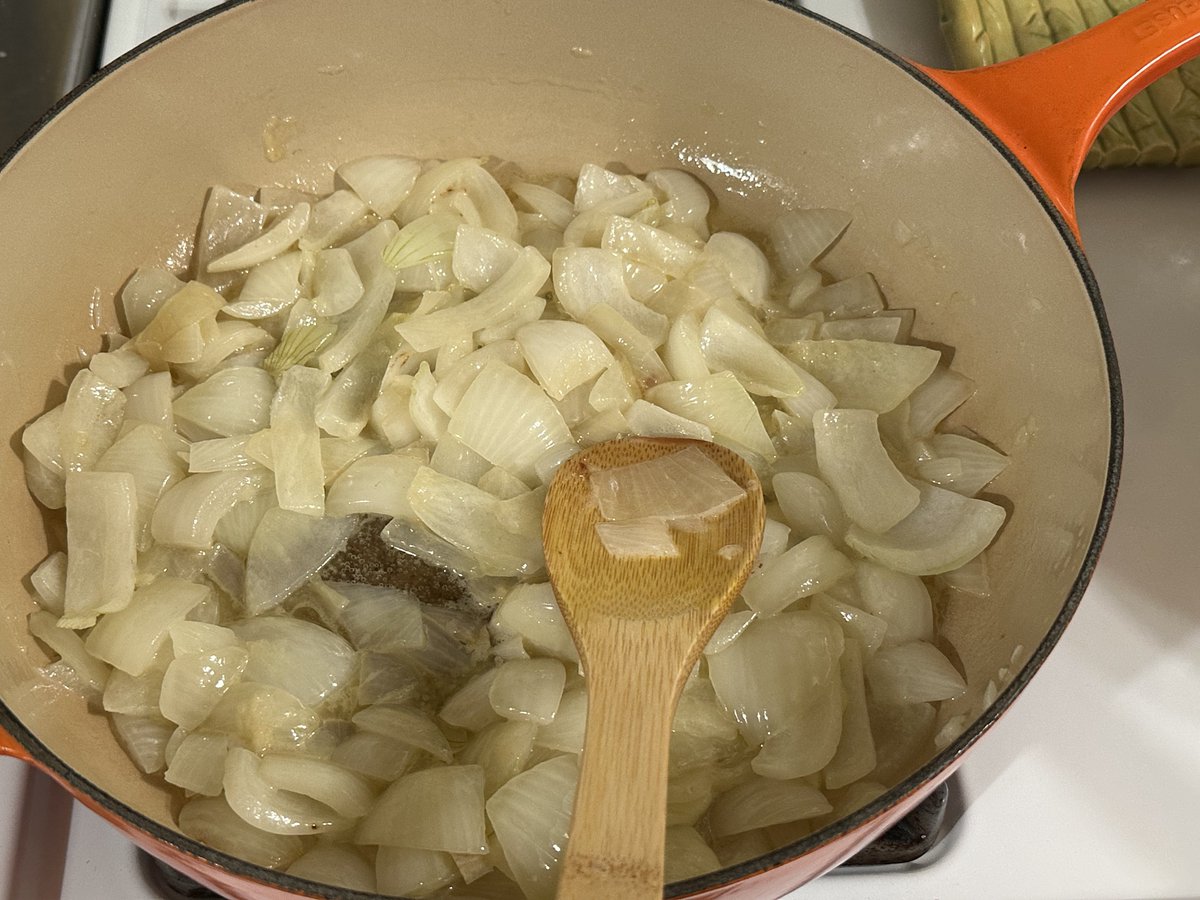 Melt a stick of butter. Add two roughly sliced Vidalia onions (or any yellow onion). Slowly cook down the onions until blonde (not brown). 15 minutes or so