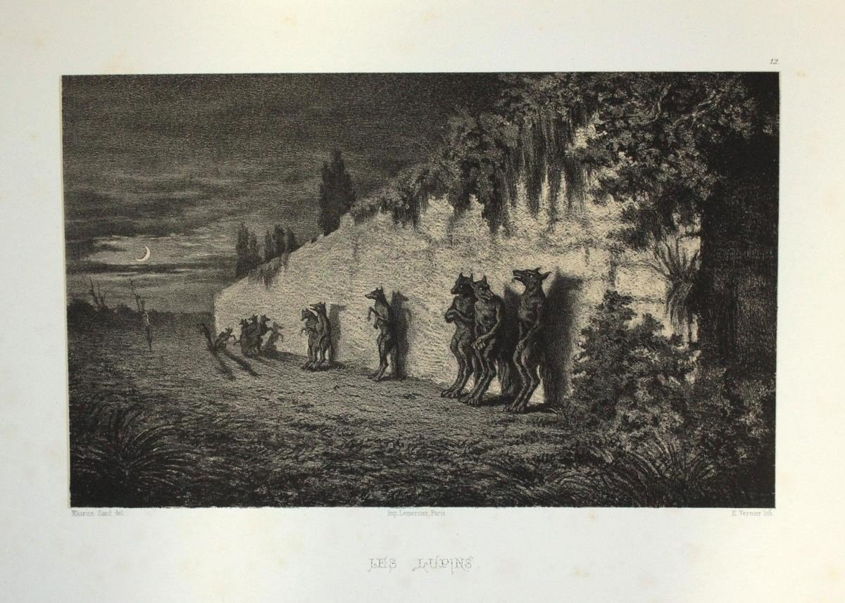 Grupo de hombres lobo apoyados sobre la tapia de un cementerio. Litografía de Maurice Sand para la obra "Légendes rustiques" de 1858.

La figura del licántropo es de las más antiguas y a la vez recurrentes del folklore europeo. Desde la Prehistoria hasta el cine contemporáneo.