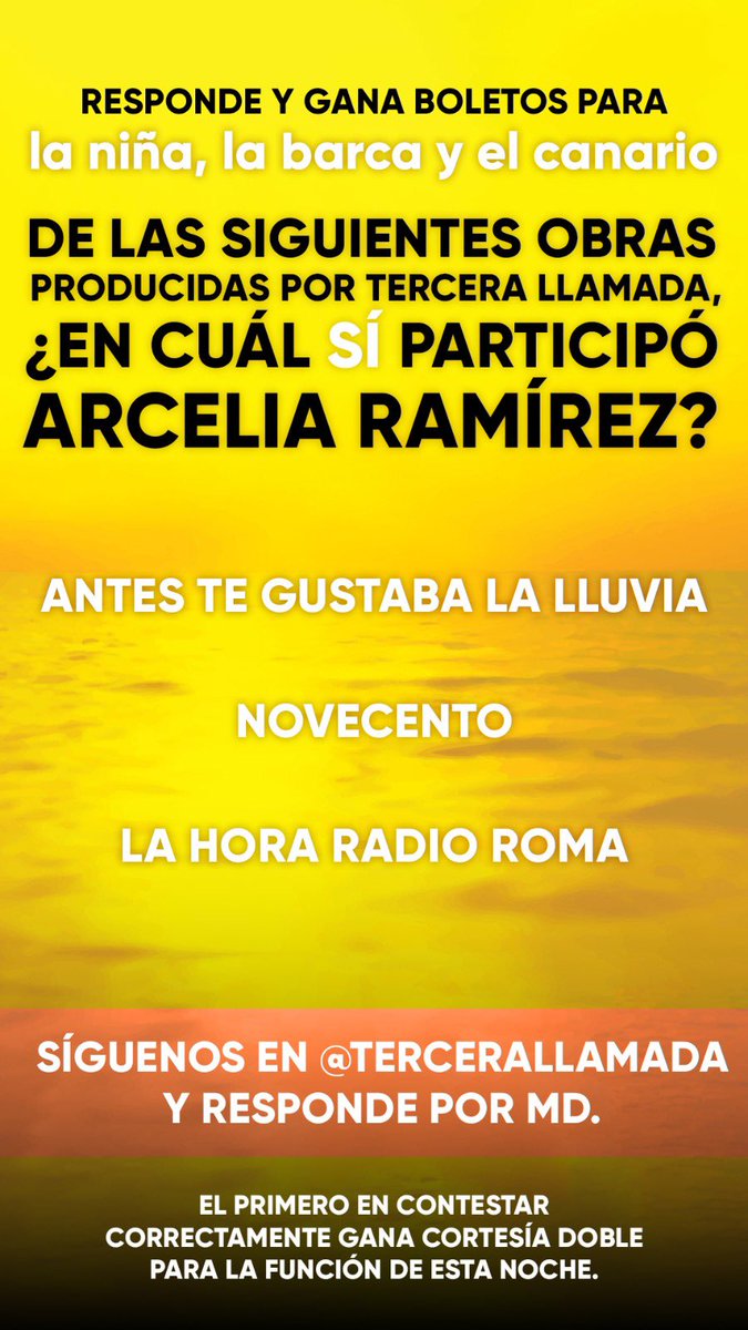 🚨 BOLETOS GRATIS 

¡Participa y gana una cortesía doble para ver HOY La niña, la barca y el canario en sus últimas 3 semanas!

El primer comentario en responder correctamente gana.
