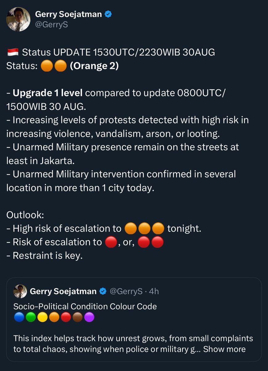 ot6gfriend_'s tweet image. ‼️🚨 ALERT!

Mundur ya teman-teman muda. Status sekarang sudah 🟠🟠 menuju 🔴 dan 🔴🔴 yang berarti SUDAH TIDAK KONDUSIF. Pergerakan apapun akan jd alat bagi kepentingan yg lebih besar. Mundur untuk ambil napas &amp;amp; strategi lagi.