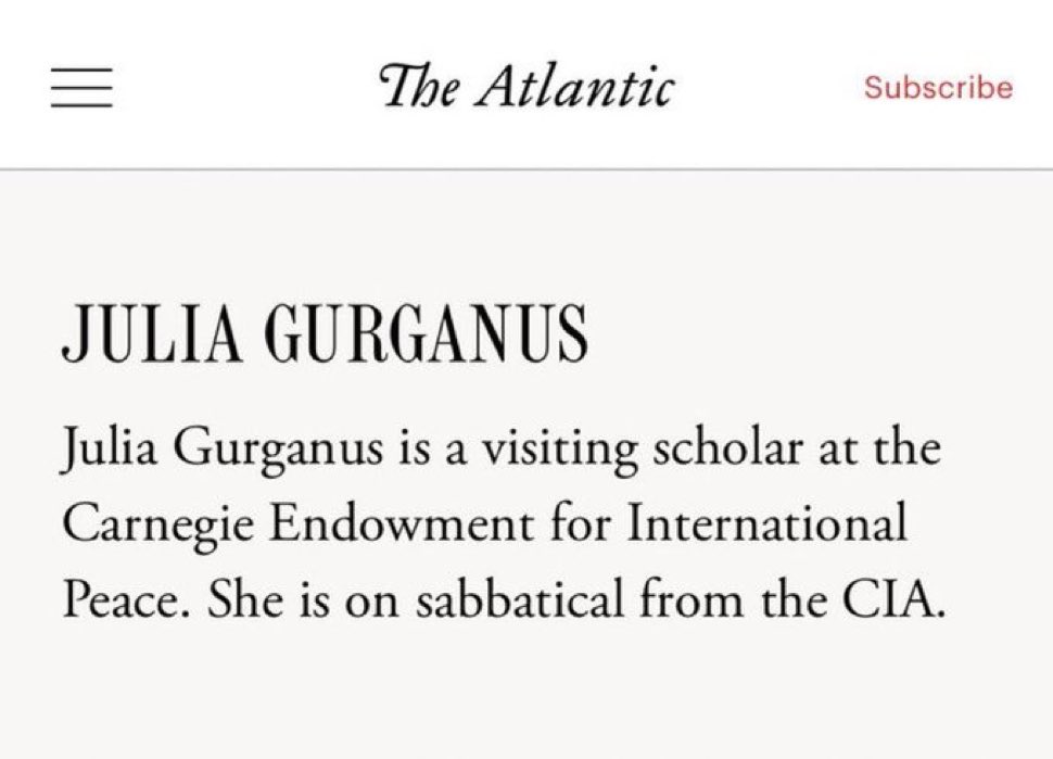 I think Gabbard was a bad pick for DNI and have serious concerns about cutting intel, but these headlines make no sense….

The “undercover” spy she supposedly exposed has been publicly identifying herself as associated with the CIA for years.

It’s in her bio for The Atlantic…