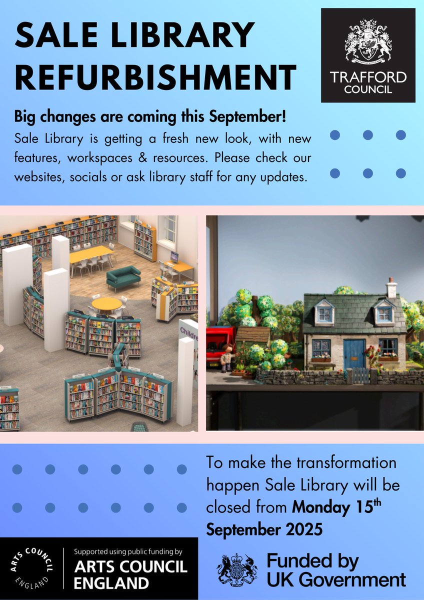 TraffLibraries's tweet image. 🎉 Big changes coming to #SaleLibrary! From 15 Sep 2025 we’re closing for a major refurb, including a new permanent #CosgroveHallFilms exhibition!
Thanks to all who shared ideas in June! Some services/events continue nearby — stay tuned! #LibraryRefurbishment #TraffordLibraries