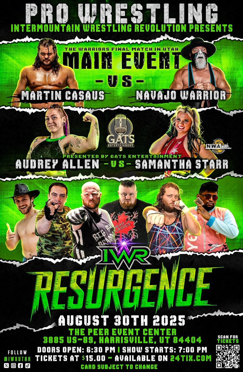 Tonight in Harrisville, Utah. Come check out #IWRResurgence with 2 huge main events: <a href="/martincasaus/">Martin Casaus</a> takes on #NavajoWarrior in the Warriors Final Match in Utah. Also #SamanthaStarr defends the <a href="/nwa/">NWA</a> Women’s Championship against #AubreyAllen and much more. #UtahWrestling #IWR