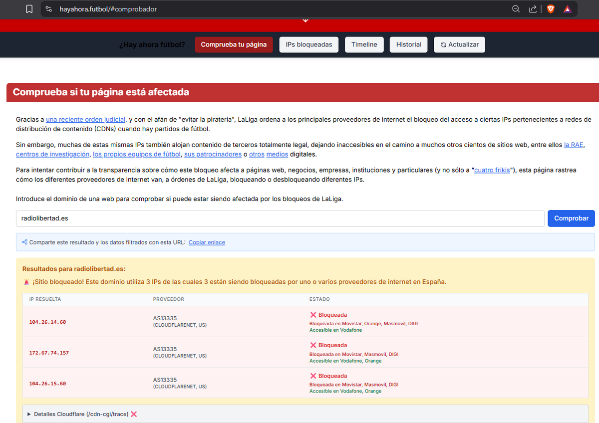 Killingmoooon's tweet photo. Otro tercero afectado por los bloqueos de @LaLiga y @movistar_es : sin acceso a la web de https://t.co/j5TQdBAiX9
C.C. @RadioLibertadES  @ldpsincomplejos

https://t.co/rj2eaMJnRn
https://t.co/6L9JnGw1i1

#laligagate #DerechosDigitales https://t.co/bVH537PaXC