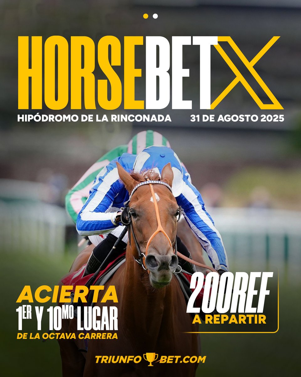 Triunfobet1's tweet photo. 🚨 Sobrinos, llegó una nueva oportunidad de ganar con un concurso especial en La Rinconada 🏇✨

👉🏻 Participar es facilísimo, solo sigue estos pasos:

⿡ Deja tu pronóstico del primer y último puesto de la 8va carrera en el Hipódromo de La Rinconada + tu usuario de https://t.co/2EvBQwLIUe

⿢ Síguenos y dale RT a este post

¡Y listo! Estarás participando por 200REF a repartir entre los que acierten 🏆🔥

📌 Aviso: si un ejemplar es retirado, se tomará en cuenta el último en cruzar la meta.

¡Suerte, triunfadores!