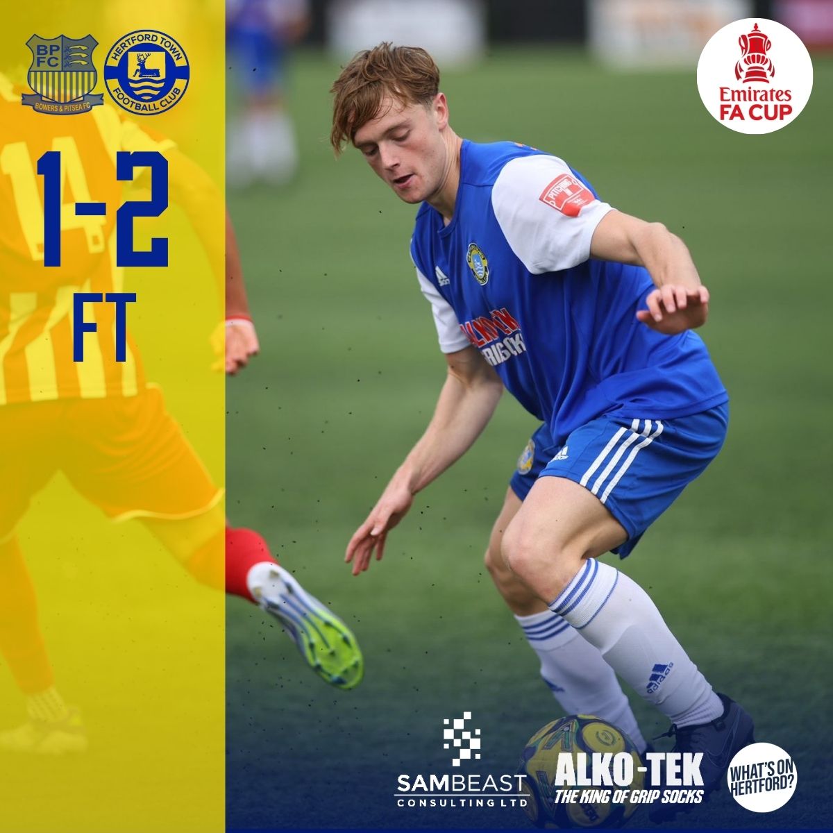 HertfordTownFC's tweet image. We progress into the next qualifying round of the FA Cup!🔴1-2🔵|  FT #htfc #blues