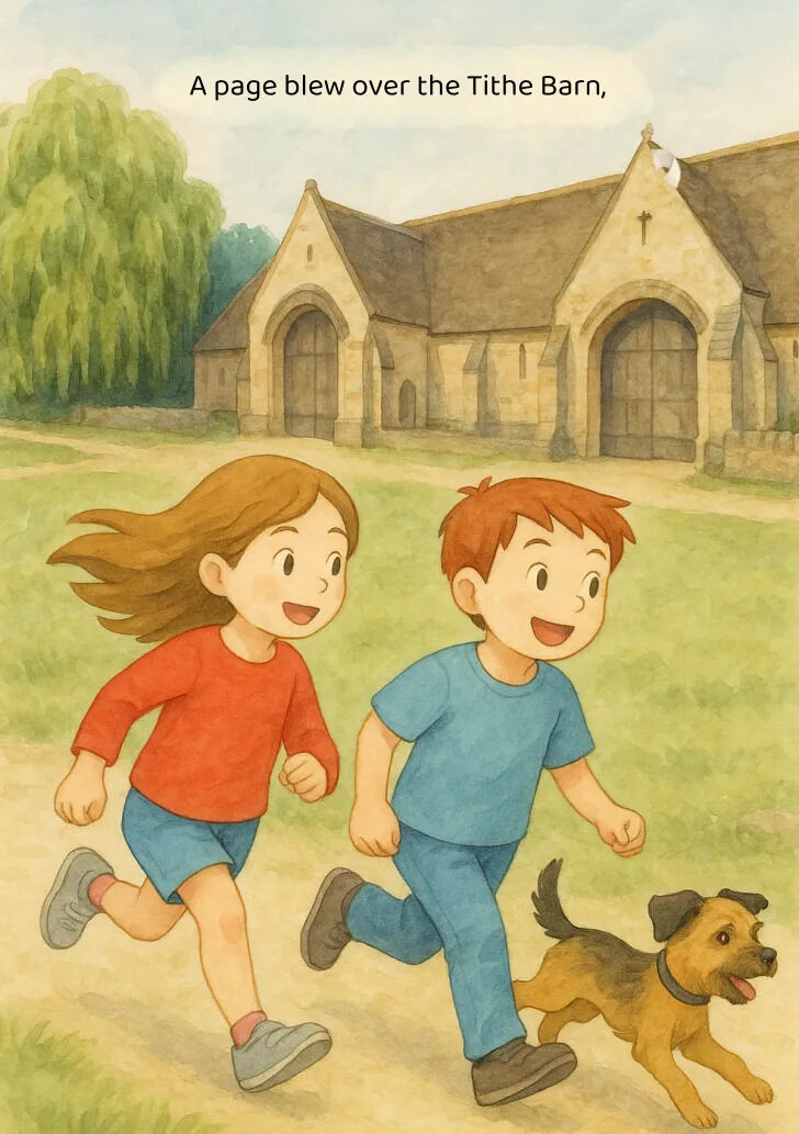 Bradford’s Tithe Barn is one of the largest medieval barns in England, built in the 14th century. In the book, a page flies over its roof!