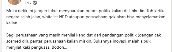 darilinkedin's tweet photo. Orang-orang di LinkedIn juga makin banyak yang menyuarakan tentang kondisi Indonesia. Makin luas jangkauannya, makin besar gaungnya. Ingat, tujuan kita adalah supaya pemerintah berbenah.

Ingat juga untuk tetap saling jaga. 

Yuk kita wujudkan slogan kita, Bersatu Berdaulat. Bersatu kita rebut kembali kedaulatan rakyat.