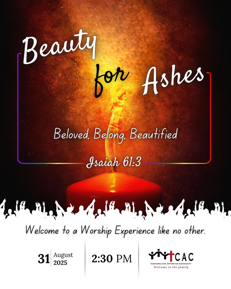 CAC_Ke's tweet image. Beauty. Belong. Beloved.

Beauty For Ashes.” (Isaiah 61:3)

Join us for a worship experience like no other!

📅 31st Aug 2025 | 🕑 2:30PM

Come &amp;amp; feel the embrace of love + belonging

#CosmopolitanAffirmingCommunity #YouBelong