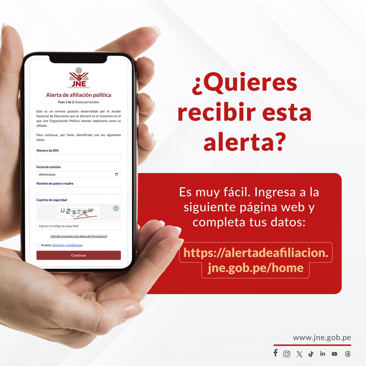 JNE_Peru's tweet photo. El JNE pone a disposición de la ciudadanía una nueva herramienta digital denominada “Alerta de Afiliación Política”, que notificará a las personas que han sido incorporadas como afiliadas a una organización política. 
Inscríbete aquí para recibir la alerta
https://t.co/i3KvI3y0tT https://t.co/RlYs9cH02b