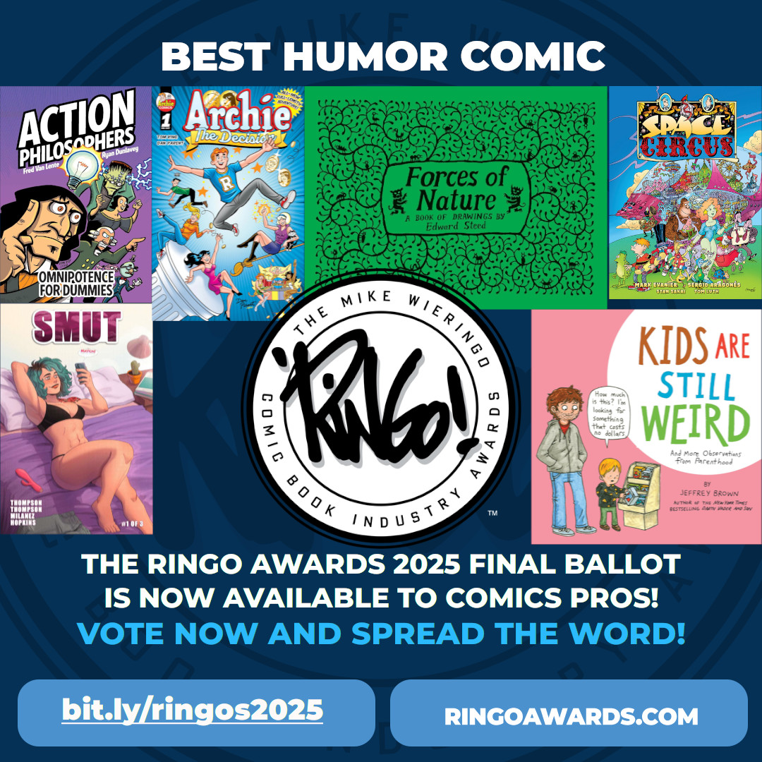 ringoawards's tweet photo. What's so funny? These nominees for the 2025 Ringo Award for Best Humor Comic! Comics creative professionals are eligible to vote for their selection now.

https://t.co/7Y4GBhSlJV

#ringoawards #ringoawards2025 #baltimorecomiccon https://t.co/t51gD4QsH7