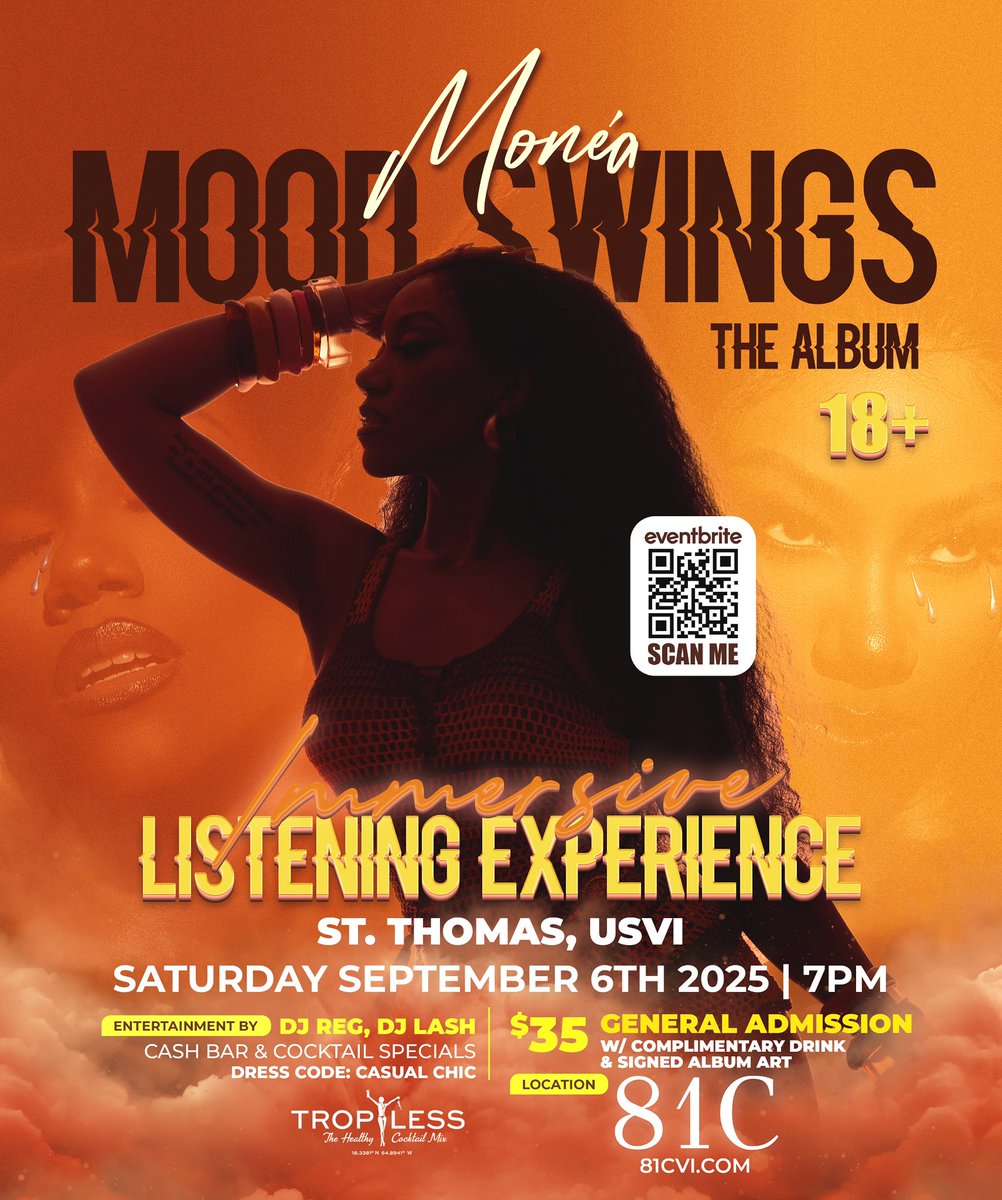 ST. THOMAS, USVI‼️
It’s your turn! Join me at 81C for an immersive listening experience of my album MOOD SWINGS!
This is an intimate event so tickets are very LIMITED! 
Get yours ASAP and I’ll see you soon! 🫶🏾🔱
