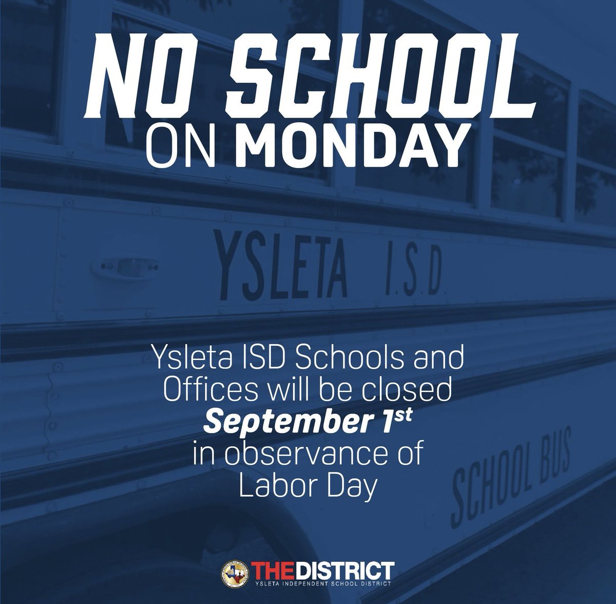 Del Valle HighSchool (@dvhsyisd) on Twitter photo REMINDER: @ysletaisd offices and schools are closed Monday for the Labor Day Holiday. Enjoy the three day weekend! #OFOD #ItsWhatWeDo #WeAreOne #NeverSettleAlwaysConquer
#THEDISTRICT #ExcellenceByDesign <a href="/VHairston_DVHS/">Valerie Hairston</a> REMINDER: @ysletaisd offices and schools are closed Monday for the Labor Day Holiday. Enjoy the three day weekend! #OFOD #ItsWhatWeDo #WeAreOne #NeverSettleAlwaysConquer
#THEDISTRICT #ExcellenceByDesign <a href="/VHairston_DVHS/">Valerie Hairston</a>