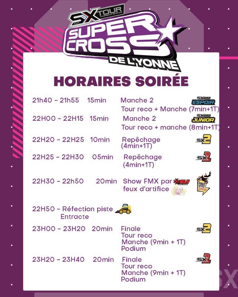 Et voici les horaires du Supercross de l'Yonne 2025 ! 

📅 Samedi 06 Septembre – Brienon-sur-Armançon
🎟 Prévente à 26 € jusqu’au 06 septembre à 16h - Aux guichets 31€ 
Gratuit pour les. enfants de 12 ans et moins)
📲 bit.ly/SX-Billetterie
#supercross #sxyonne
