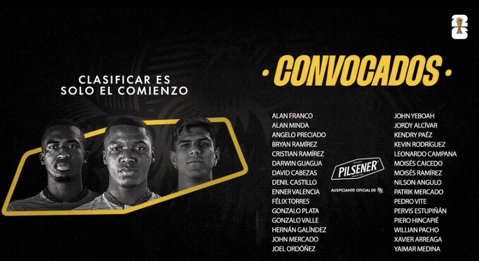 Se anuncia la convocatoria de <a href="/LaTri/">La Tri 🇪🇨</a> 🇪🇨

3️⃣0️⃣ jugadores han sido citados por Beccacece para enfrentar a #Paraguay 🇵🇾 y #Argentina 🇦🇷

¿Novedades? 

➡️ Entran: Jordi Alcivar, Patrick Mercado (merecido) y Darwin Guagua.
⬅️ Sale: Jeghson Méndez.