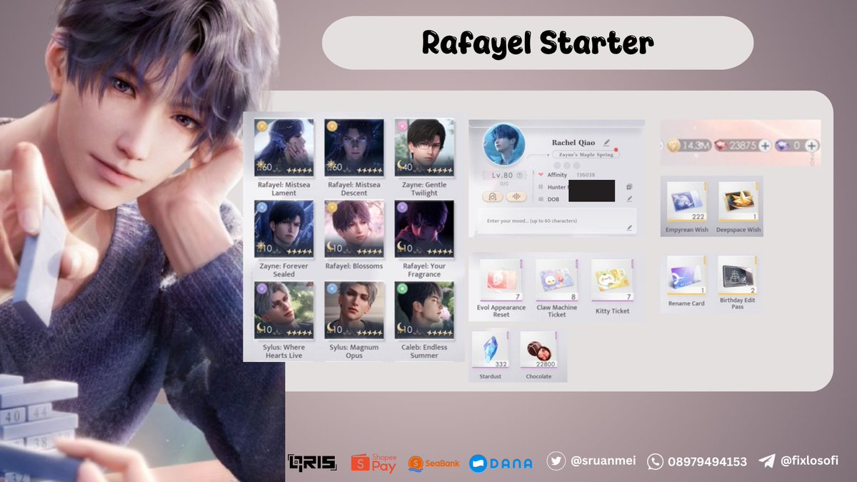 wanederer's tweet photo. ･ ⟢ ⋮ Rafayel Starter  ゛༝.
RAFAYEL STARTER 
ASIA server

Code Catalog: L02S

- The Sea God (2/2)

💸 250k / $15,36 (Nego)

tt. wts wtb acc lads Rafayel 
#warunglads #zonauang https://t.co/QEL8wQVJKB