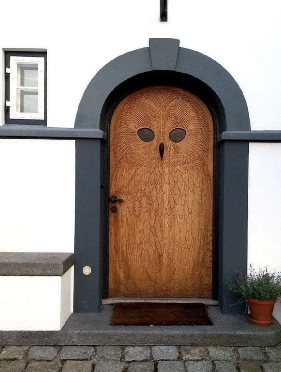 This remarkable owl door was hand carved in the 1930s and is located near Copenhagen, Denmark. 

The beak doubles as a door knocker 🦉