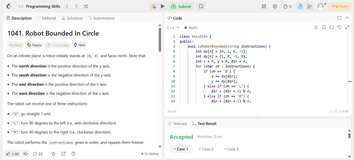 GuhanRaj_S5's tweet photo. 🤖 Code Quest – Day 16
Mission: A robot moves on an infinite plane with instructions G (go), L (left), R (right).
Tech: Track (x, y) position + current direction → instructions
Result: Returns to origin or changes direction → Bounded
#LeetCode #Cplusplus #DSA #Programmingskills https://t.co/z5azZhJrwE