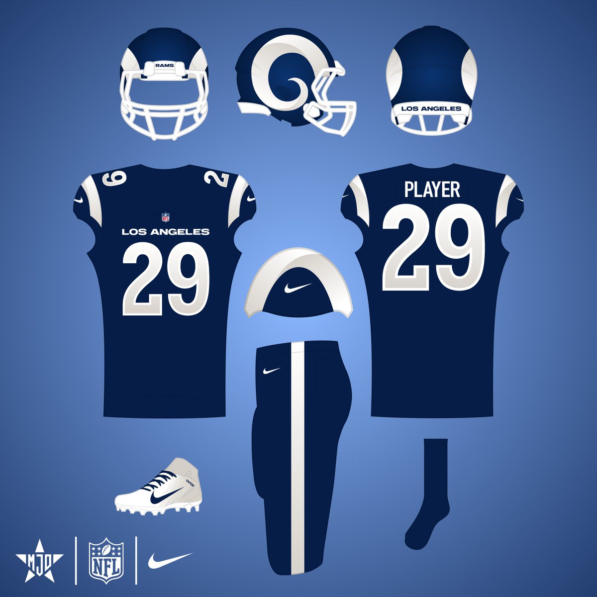 MJD7Design's tweet image. Los Angeles Rams Rivalries:

To be honest, the Rams&apos; Rivarlies uniform doesn&apos;t really do much for me, so I decided to replace it with the navy &amp;amp; white alternate I had planned for them anyway. This is the only uniform in their set that will use the &quot;bone&quot; color.

#RamsHouse