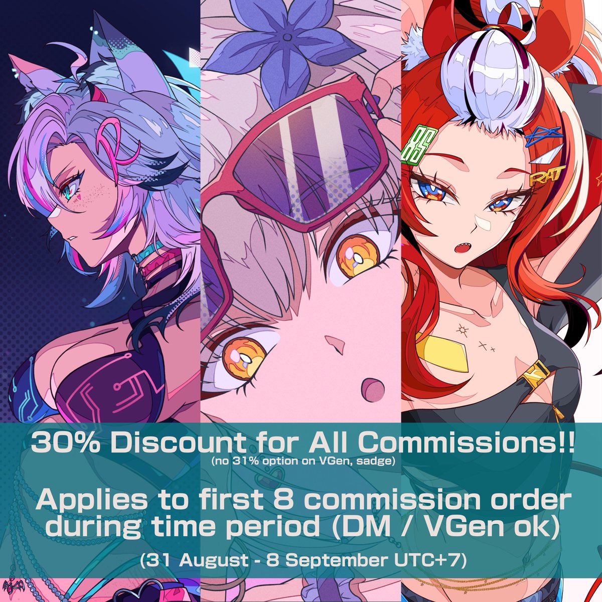 ✨31-8 DISCOUNT ✨
It's 31 August 🥳🎂 Thank you for all your support so far!

- All of my commissions will be getting a 30% discount!
- Applies to only the first 8 orders made during the time period
- Ends on 8 September 2025, UTC+7
#commission #VGen #VGenComms