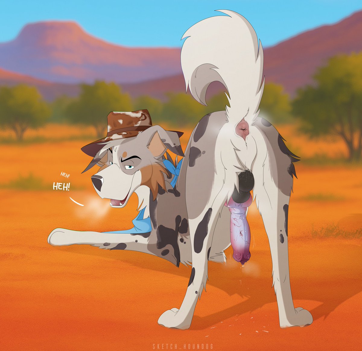 cattledoggo's tweet image. What ya looking at there cowpoke?? It does get swampy and hot &apos;round these parts~

Rikuroo belongs to me
Amazing artwork done by @sketch_houndog 

#NSFW #porn #art #feral #cattledog #australianshepherd #ass #anus #cowboy