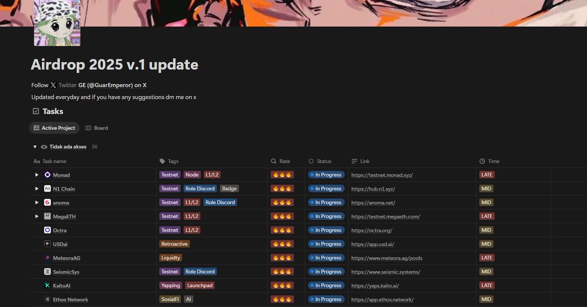 New Update My Notion 📕

"List Airdrop 2025"

There are several updates here, I have added details about each project and added details about timing I am early or late to join this project

adding notes to project subtasks, so you will work on the task in more detail