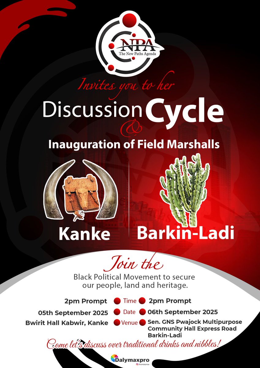 NewpathsAgenda's tweet photo. The New Path Agenda (NPA) is on the move!
Join us for our Discussion Cycle &amp; Inauguration of Field Marshals in Kanke and Barkin-Ladi.

🗓️ Sept 5th &amp; 6th, 2025
🕑 2PM Prompt

Let’s secure our people, land &amp; heritage together.
#NewPathAgenda | #NPA2025 | #TheNewPathIsNow https://t.co/1NzU6FJE6S